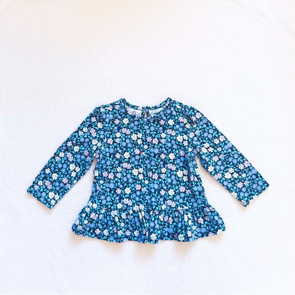 3/$30 Baby GAP Toddler Girl Blue Floral Long Sleeve Cotton Peplum Blouse 18–24M